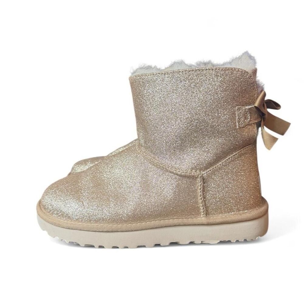 UGG Classic Mini Bailey Bow II Glitter Gold Boots Shearling Women’s Size 7 - Picture 3 of 7